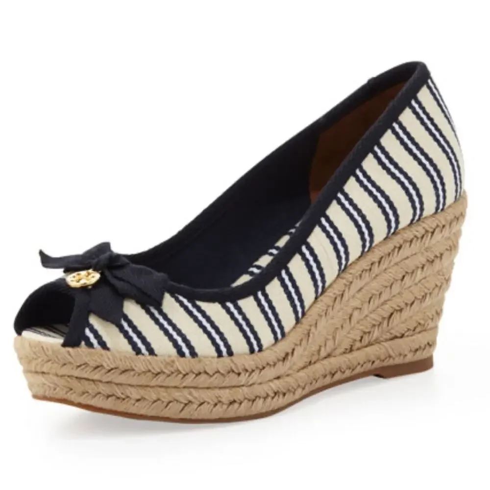 Tory Burch Jackie Striped Peep-Toe Wedge sandal Ivory Navy